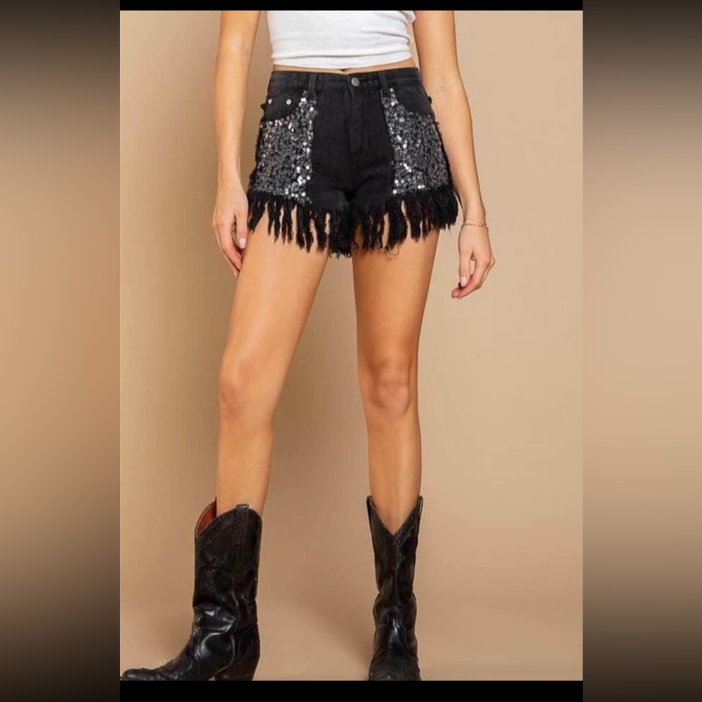 Large black fringe and sequin shorts